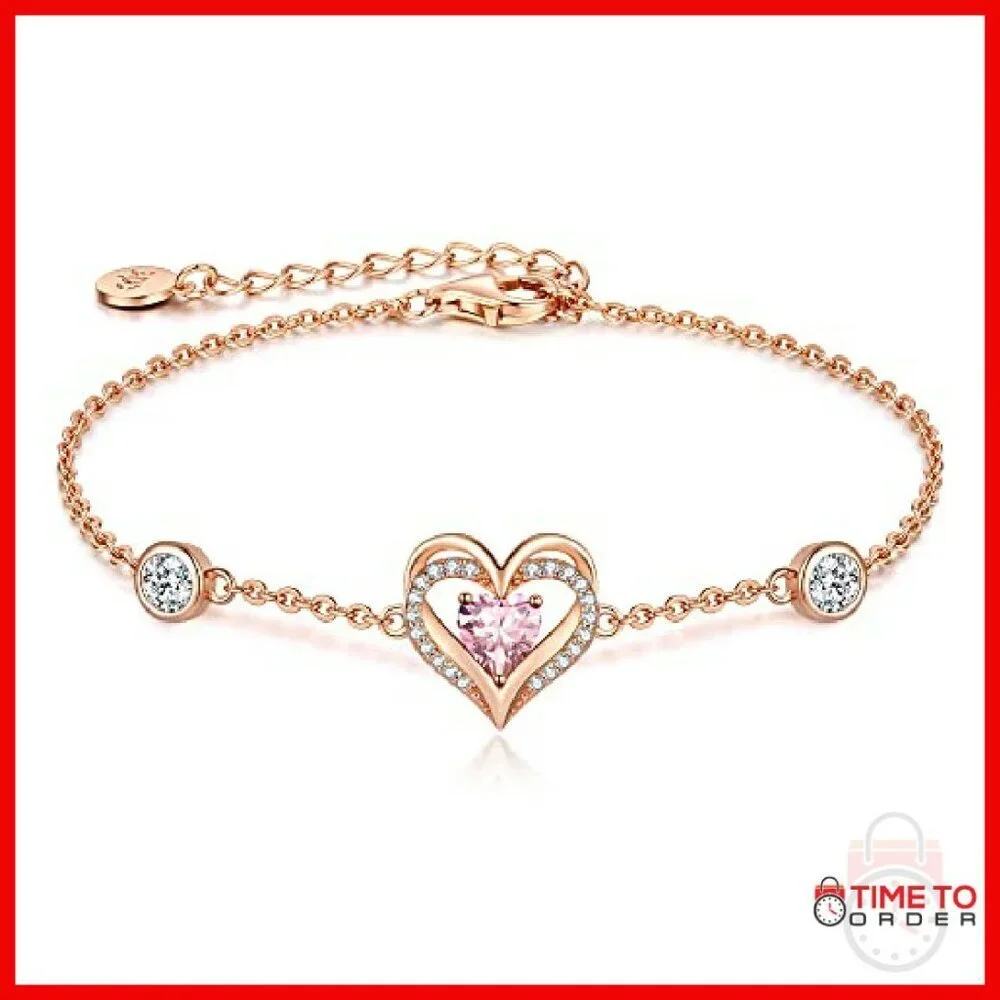 Sterling Silver Heart Charm Bracelet with Birthstone Zirconia, Adjustable Link